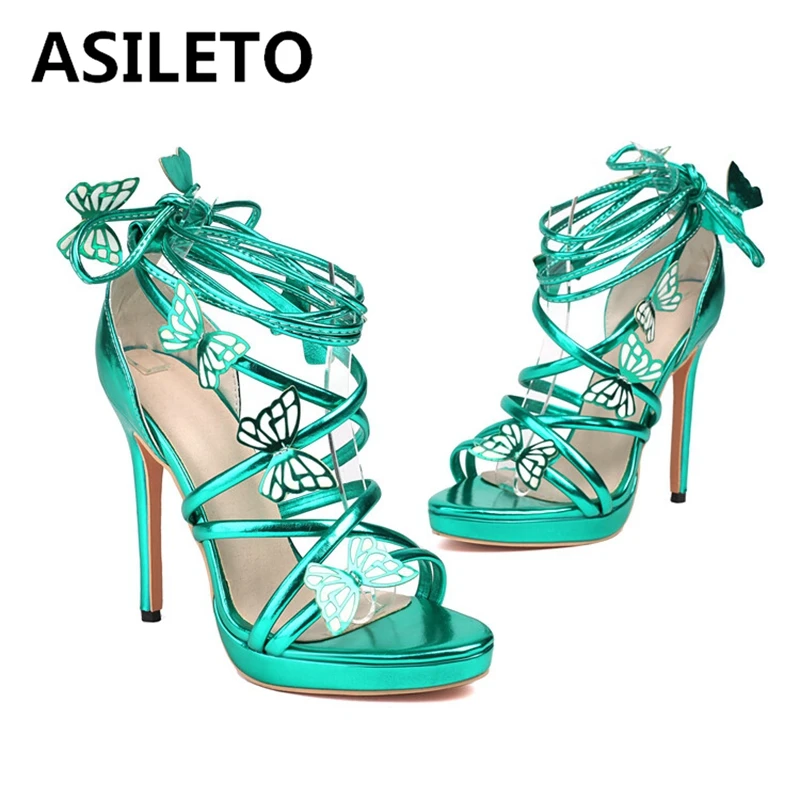 ASILETO Sexy Elegant Open Toe Women Sandals Cross Strap Party Thin Stiletto Heel Big Size 30 46 47 48 49 50 Silver Green Red