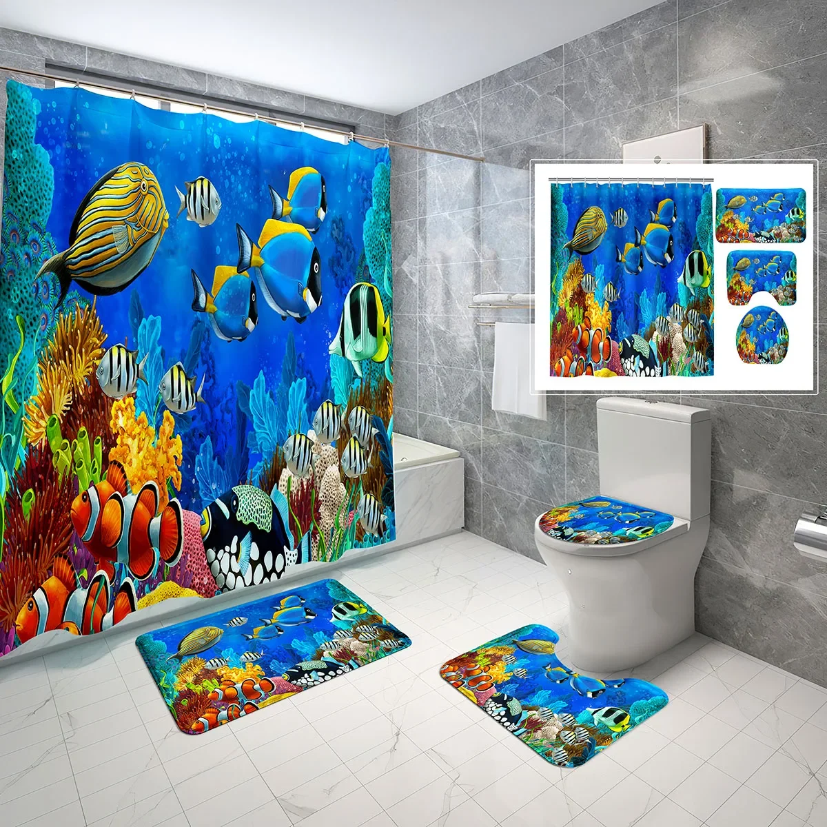 Tropical Fish Shower Curtain Set Hawaii Underwater Sealife Fish 4 Pcs Non-slip Bath Mat Toilet Lid Waterproof Shower Curtain Set