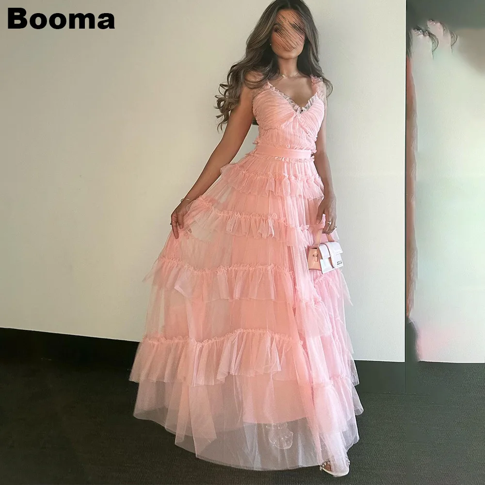 

Booma Pink A Line Prom Dresses V Neck Ruffles Tiered Chiffon Fairy Evening Dresses Floor Length Birthday Party Gowns for Women