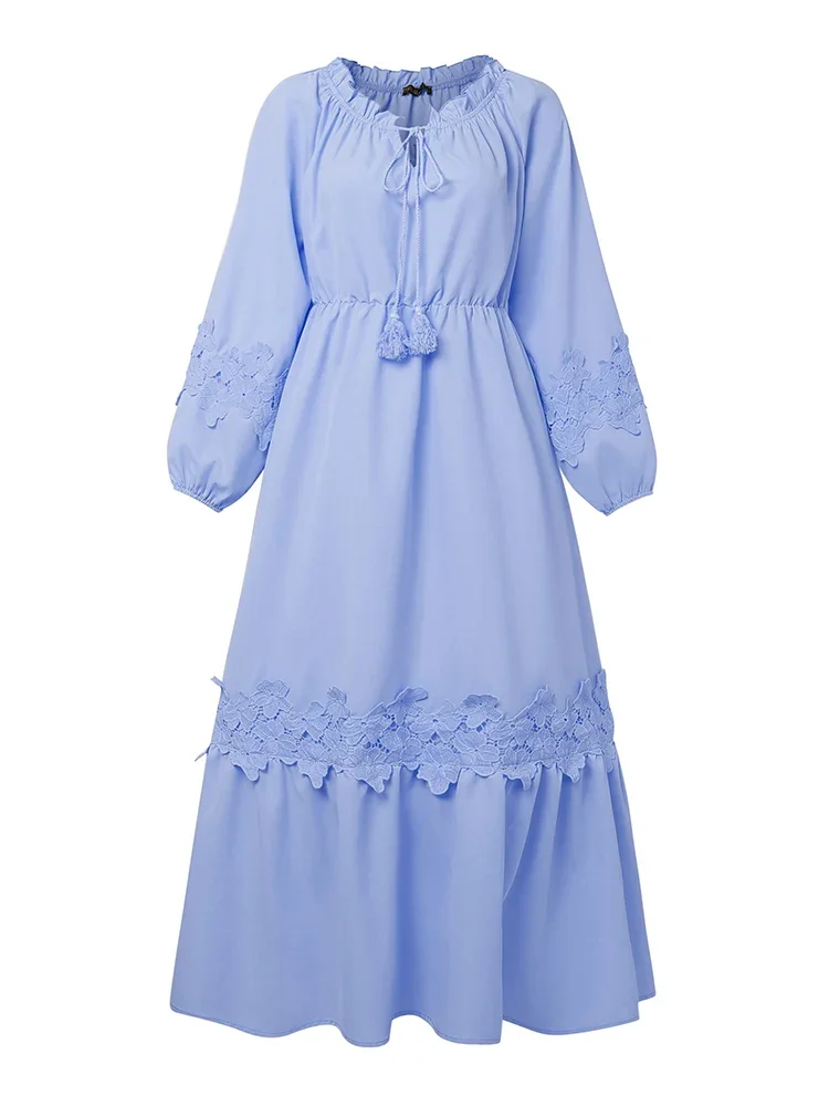 ZANZEA Moda Donna Maxi Abiti 2025 Autunno Party Robe Manica lunga a lanterna Solido pizzo increspato Camicia lunga Abiti da vacanza