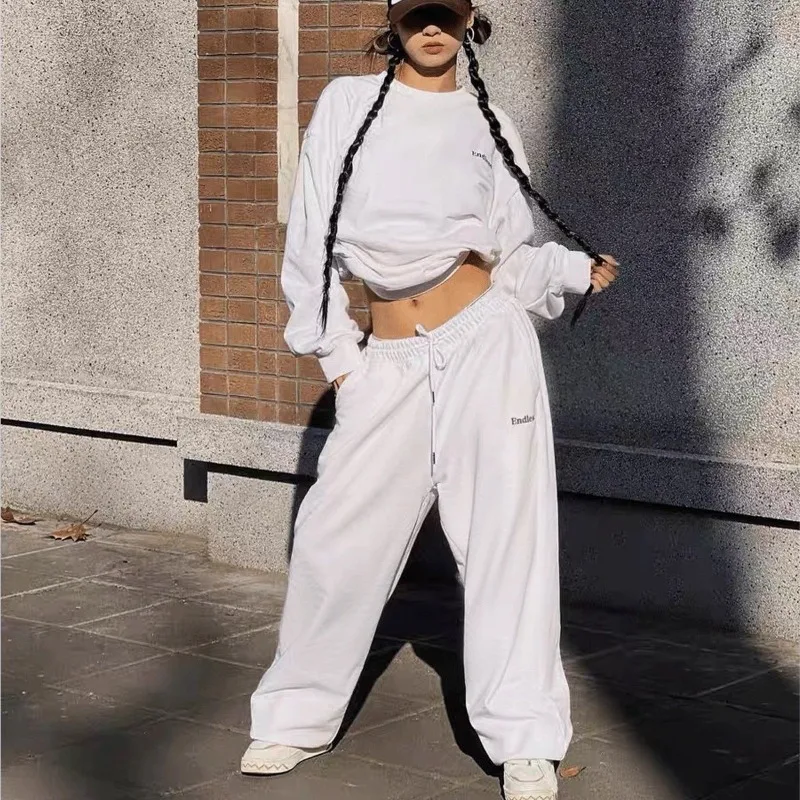 QWEconvex-Pantalon de survêtement gris décontracté pour femme, pantalon baggy de sport américain, streetwear hip hop, jambe large, mode coréenne, fjgy