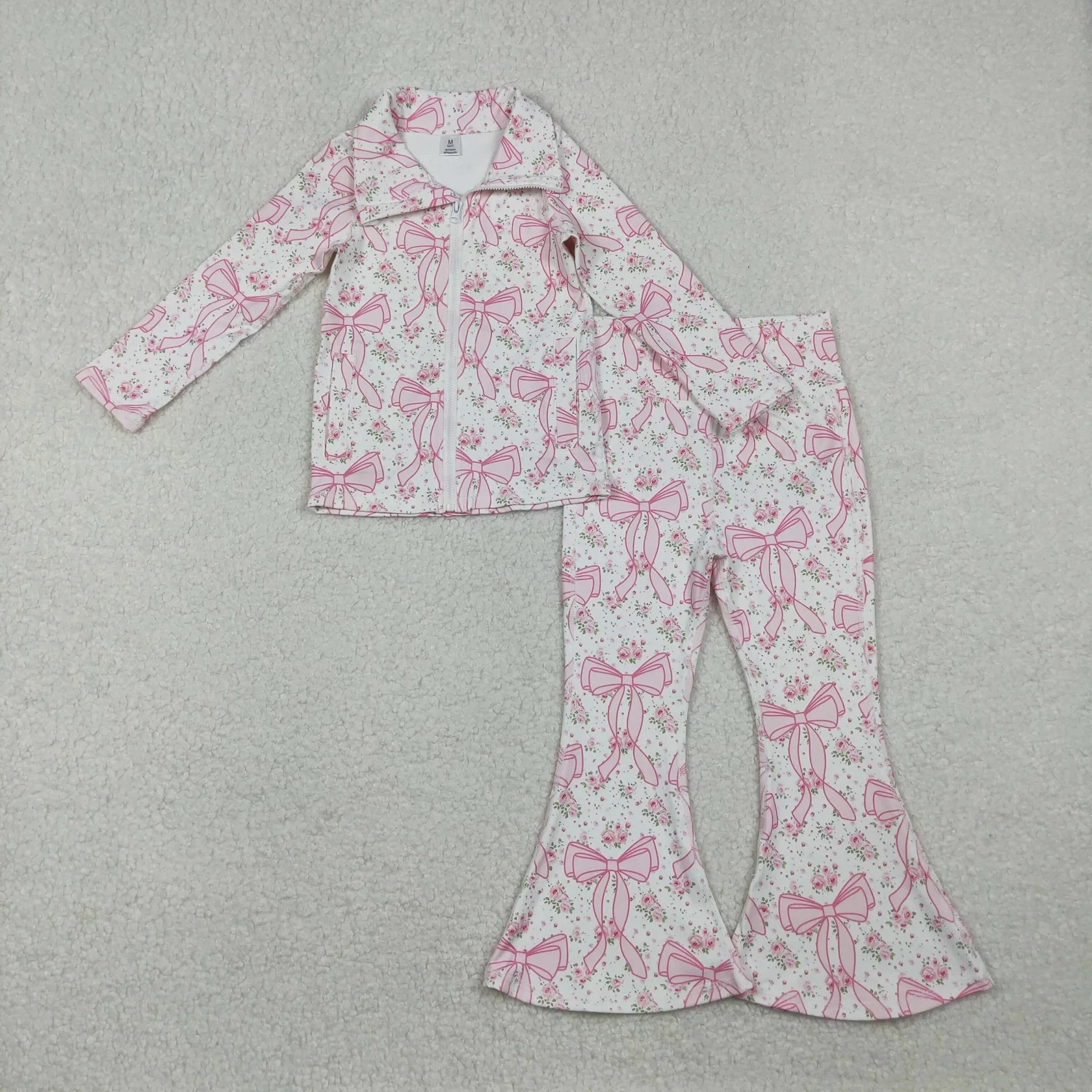 Wholesale Toddler Children Sportswear Set Baby Girl Long Sleeves Bows Floral Cardigan Zipper Shirt Kids Bell Pants Yoga Outfit