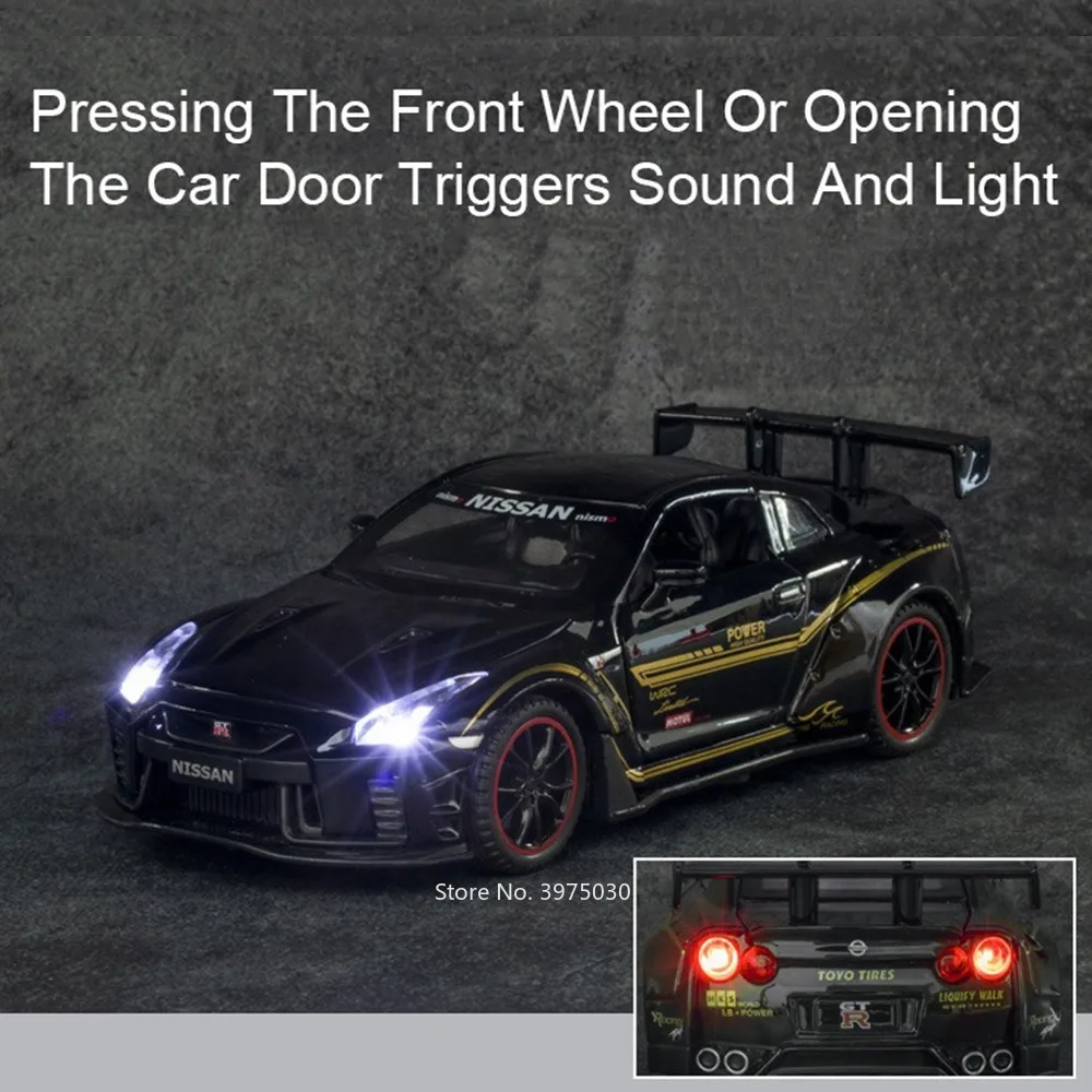 1/32 Skala Nissan GTR R35 Alloy Diecast Toy Car Models Light Music Wheel Pull Back Pojazd Samochody sportowe Chłopcy Dekoracja Prezenty