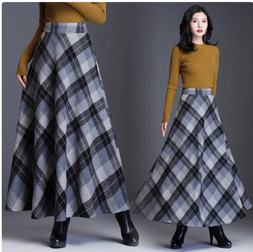 1pcs/lot korean style woman long wool blend plaid skirt female autumn winter long plaid skirt