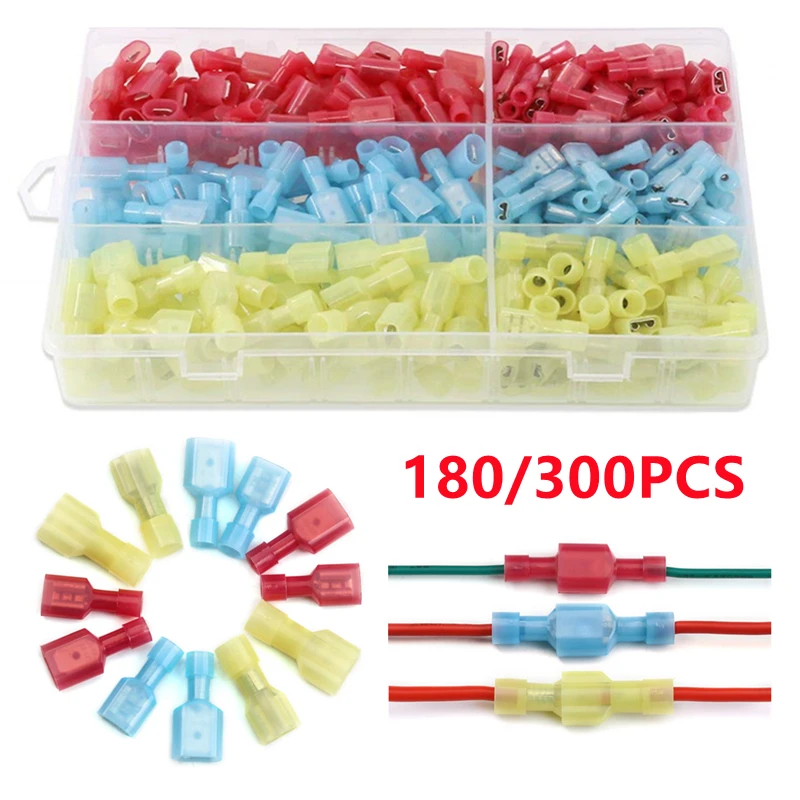 300/180PCS Spade Terminal Female Male Nylon Connector Wire Terminal Butt Splice Terminals for Wire Crimp Connector Assortment