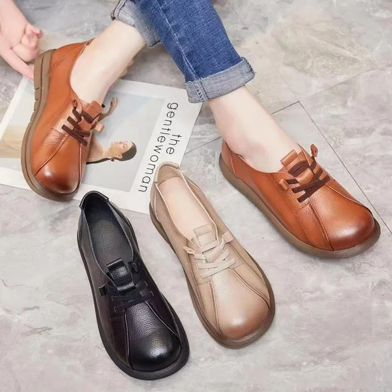 Head Layer Cowhide Retro British Style Round Head Big Head Shoes Thick Bottom Shoes Lace Up Leather Single Shoes Leather Shoes