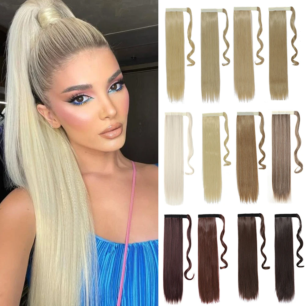 

Straight Long Ponytail Extensions 24 Inch Wrap Around Synthetic Hair Piece Magic Paste Ponytail Hair Extensions for Women Girls