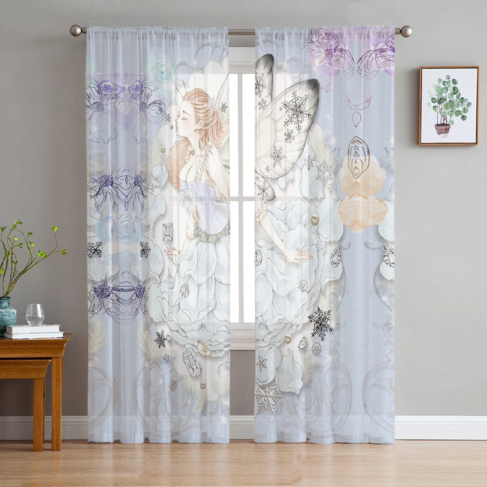 Spirit Flower Wing Star Sheer Curtains For Living Room Window Long Tulle Kids Bedroom Kitchen Decoration Curtain Voile Drapes