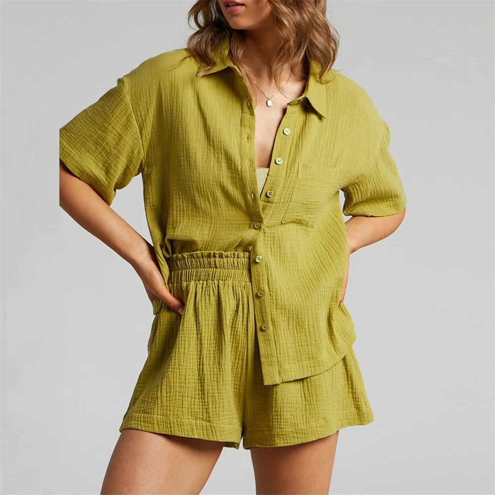 

2026 new fashionable button up shirt+shorts two-piece sets women's summer casual loose solid color top shorts set for women