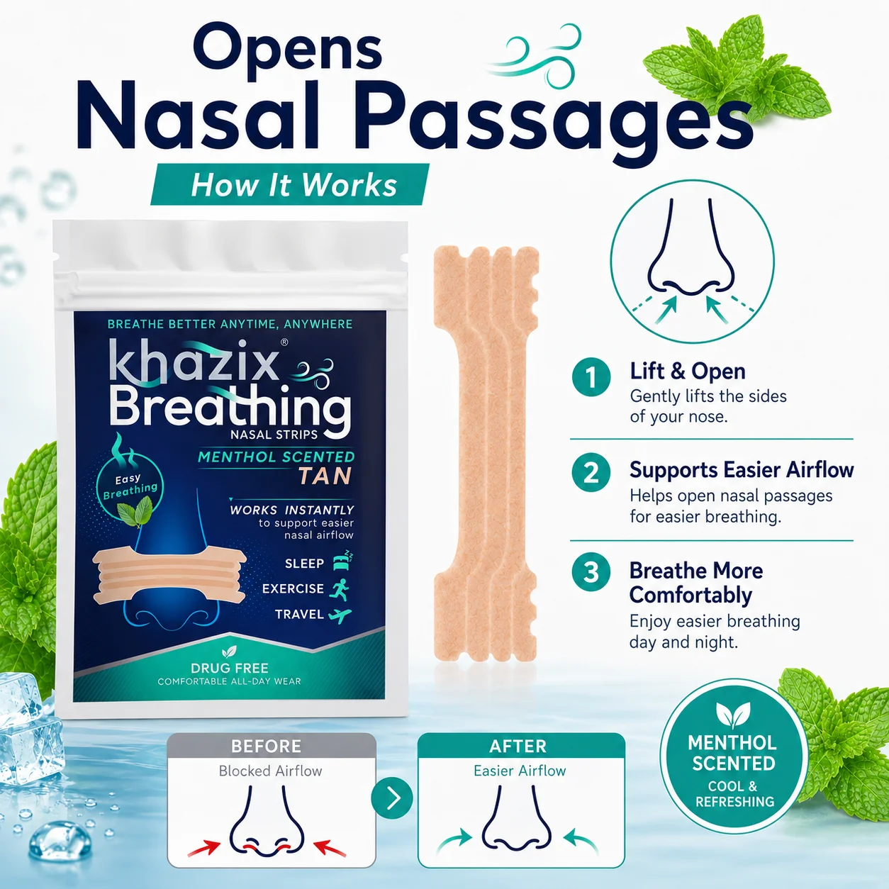 30PCS Menthol Nasal Strips for Easier Breathing, Comfortable Nose Strips for Sleep Exercise Travel Daily Use