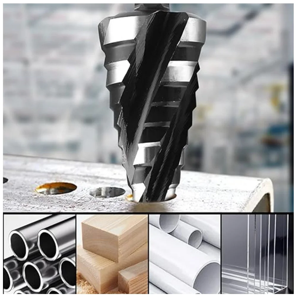 

Heavy Duty Step Drill Set with 5 Pieces Featuring Four Blade Stability and Engraved Size Markings for Precision