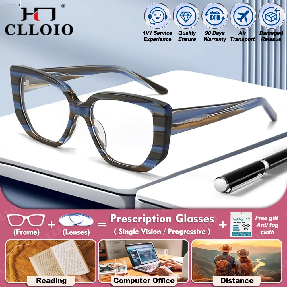

CLLOIO Fashion Square Reading Prescription Glasses Men Women Acetate Myopia ﻿Anti Blue Light Photochromic Optical Eyeglasses