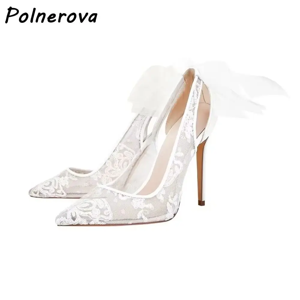 تنفس الانحناء الزفاف مضخات الدانتيل الأبيض فراشة عقدة جوفاء رقيقة الكعوب أحذية أنيقة 2025 المرأة فستان صيفي أنيق الأحذية #1