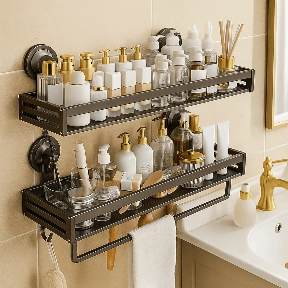 رف تخزين كوب شفط من الألومنيوم للمساحة، رف شامبو مثبت على الحائط، منظم أدوات الزينة قابل للفصل