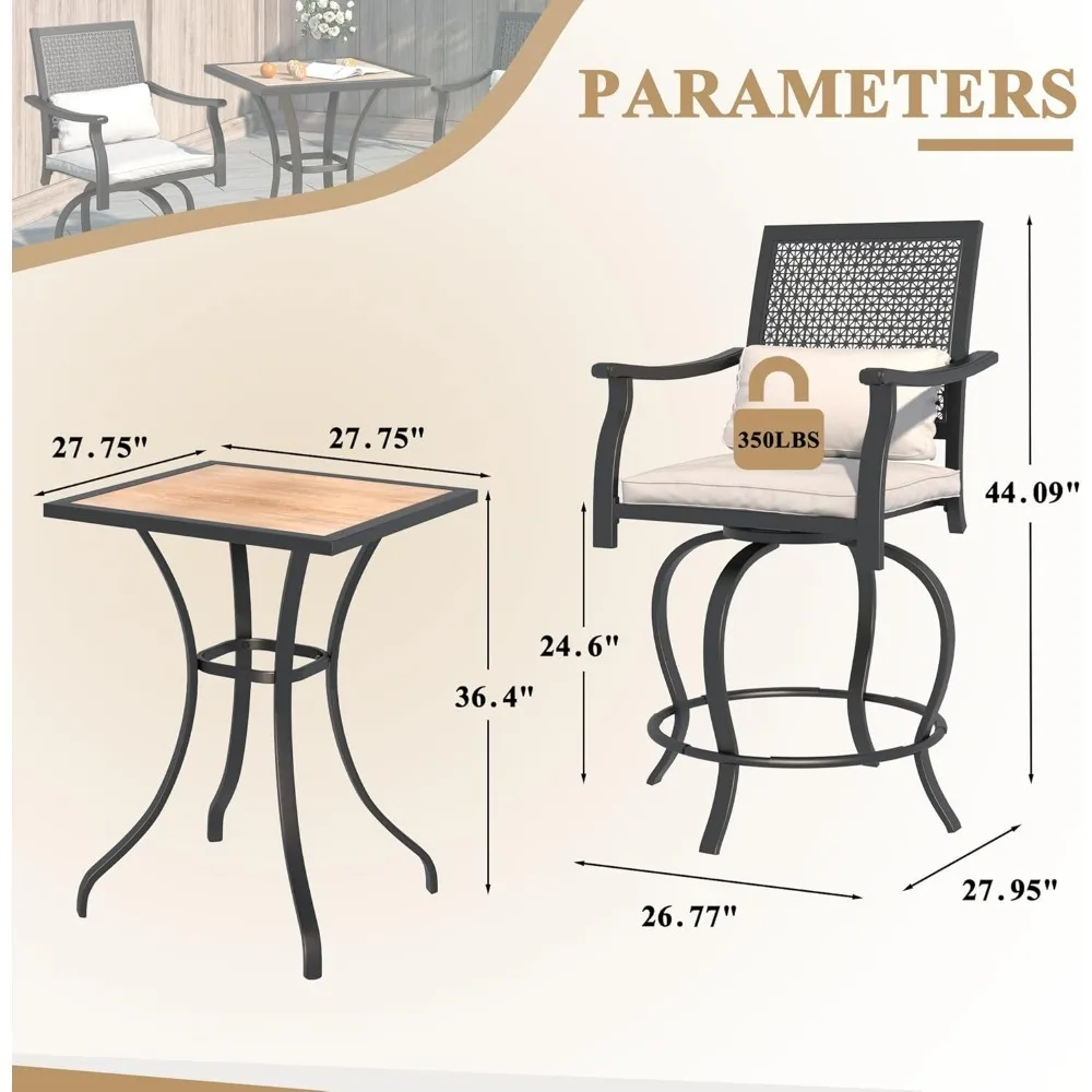 Outdoor High Top Outdoor Bar Set, Terrace Bar Mesa e Cadeira Set, Altura 3 Pcs