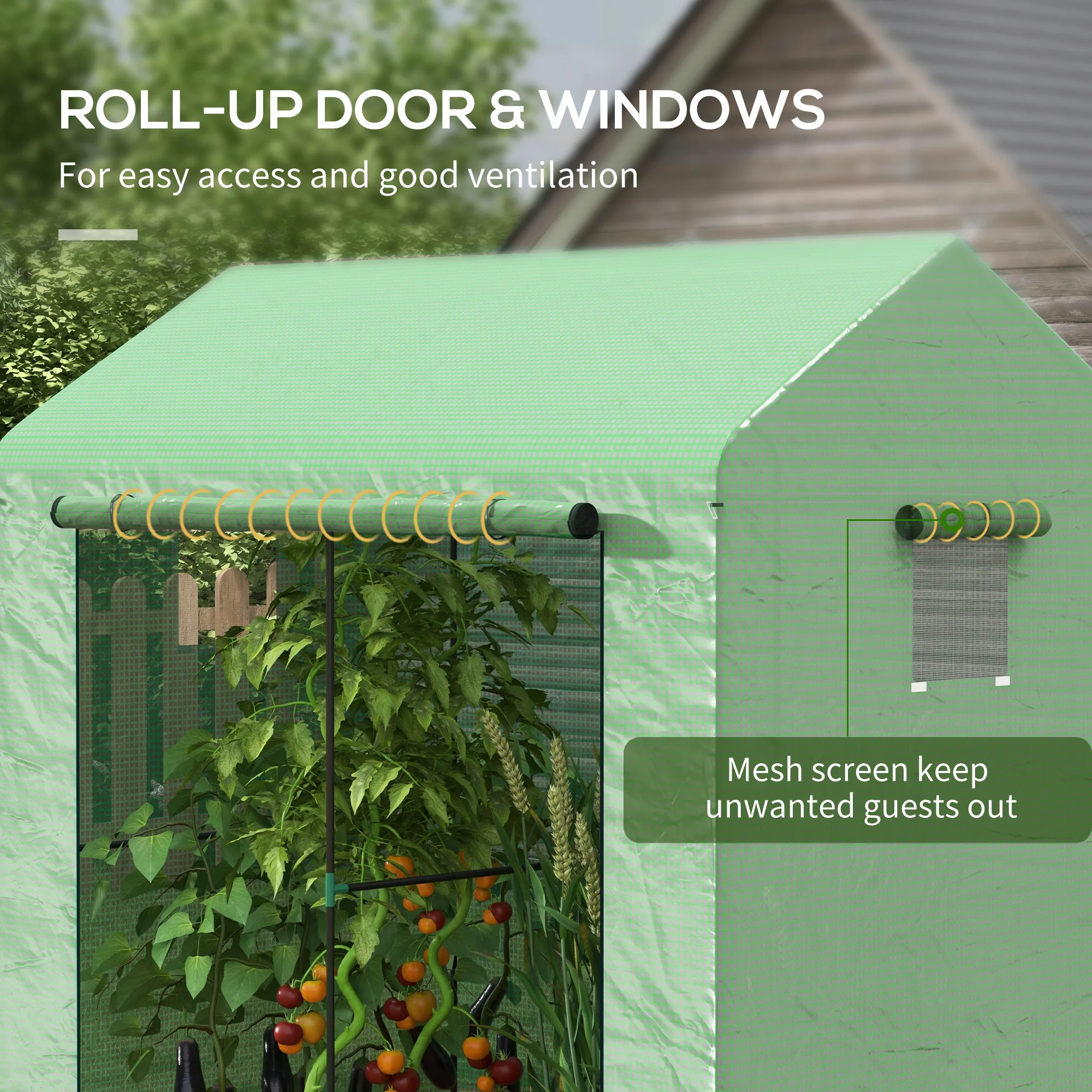 Walk-In Greenhouse with Mesh Windows and Roll-Up Door, 200 X 140 X 200cm
