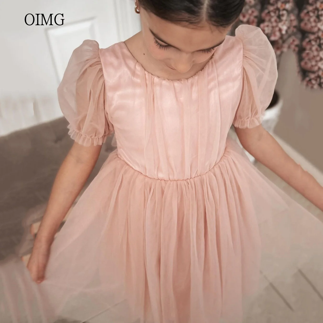 OIMG A-line Flower Girl Dresses Puff Sleeves With Bow Gown Wedding Party Dress Tulle Princess Birthday Dress Customized