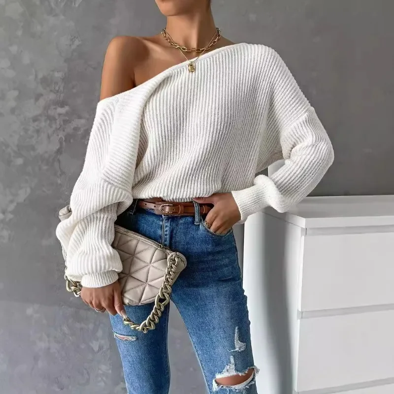 Women Sexy V-Neck Open Back Sweaters Casual Solid Loose Cross Knitted Pullover Women Batwing Long Sleeve Sweater Tops Pullovers 4