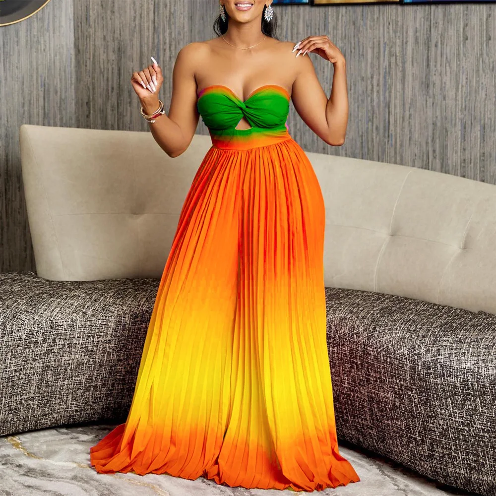 Sexy Strapless Jumpsuits & Rompers for Women Backless High Waisted Pleated Floor Length Elegant Evening Night Party Wear Cloth