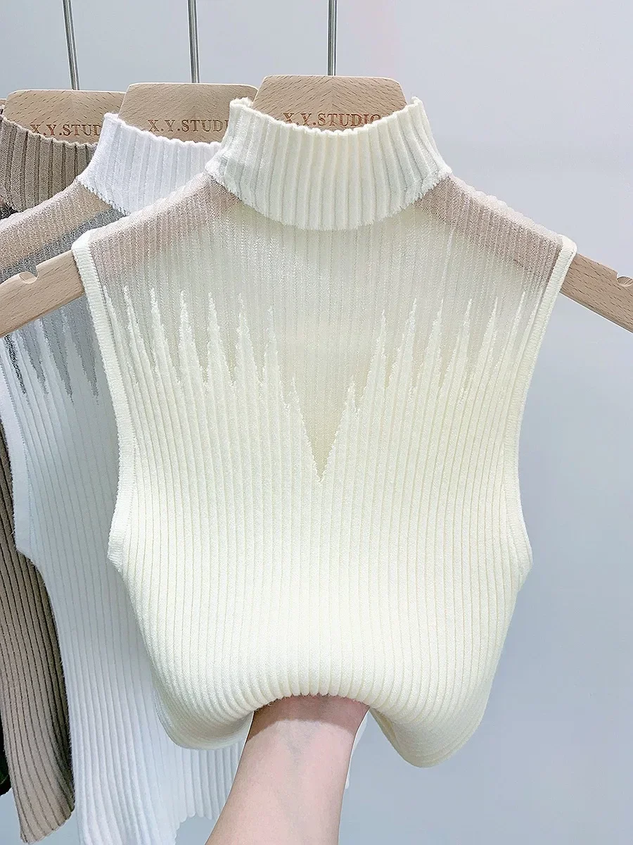 Women Slim Knitted Vests Summer Female Turtleneck Sleeveless Solid Stretch Camis Tank Tops