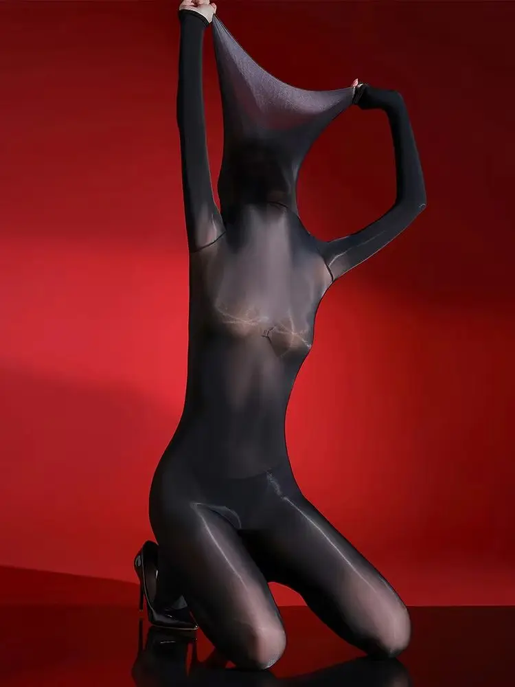 For 100KG Shiny Open Rear Nylon Catsuit Bodystoking High Collar Close Open Crotch Bodysuit Tights Leotard Shaping Jumpsuit Body