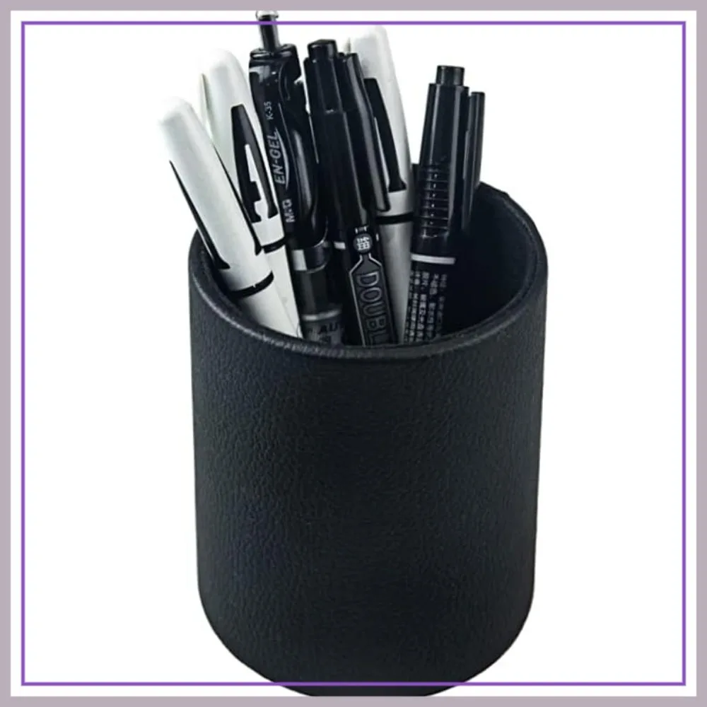 

PU Leather Pen Pencil Holder Cup Container Desk Organizer Stand for Office Home School, 3.3" x 3.3" x 4", Black