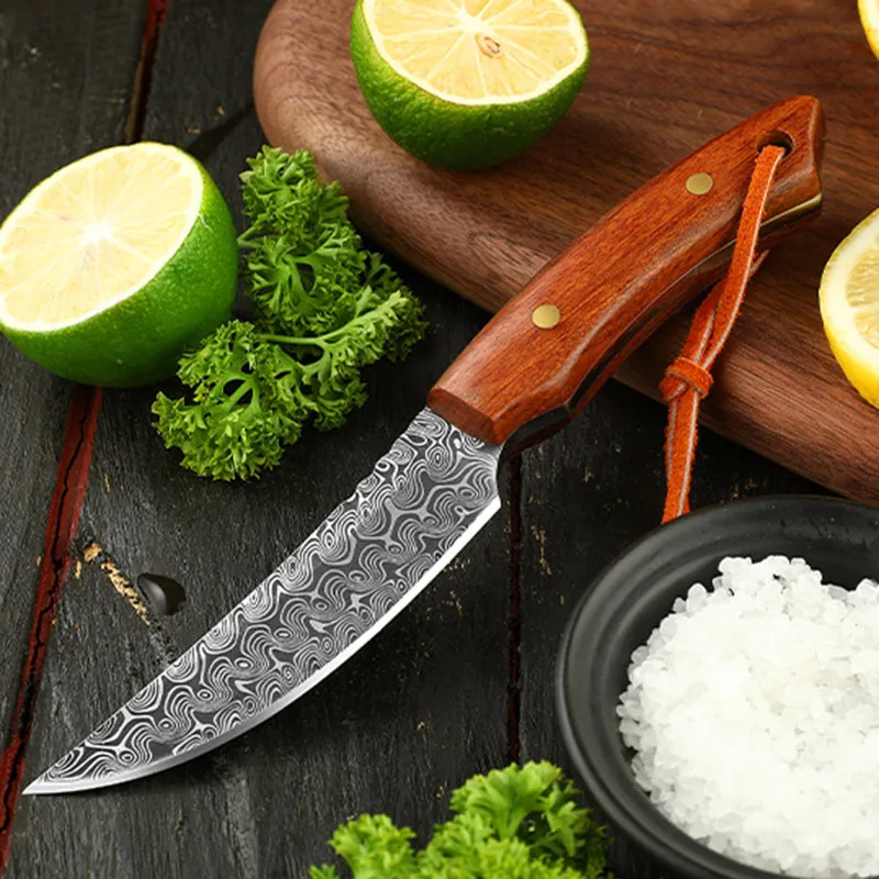 Damascus Pattern High Hardness Sharp Boning Knife BBQ Meat Cutting Knife Portable Outdoor Camping Cutter Tool Fishing Knives