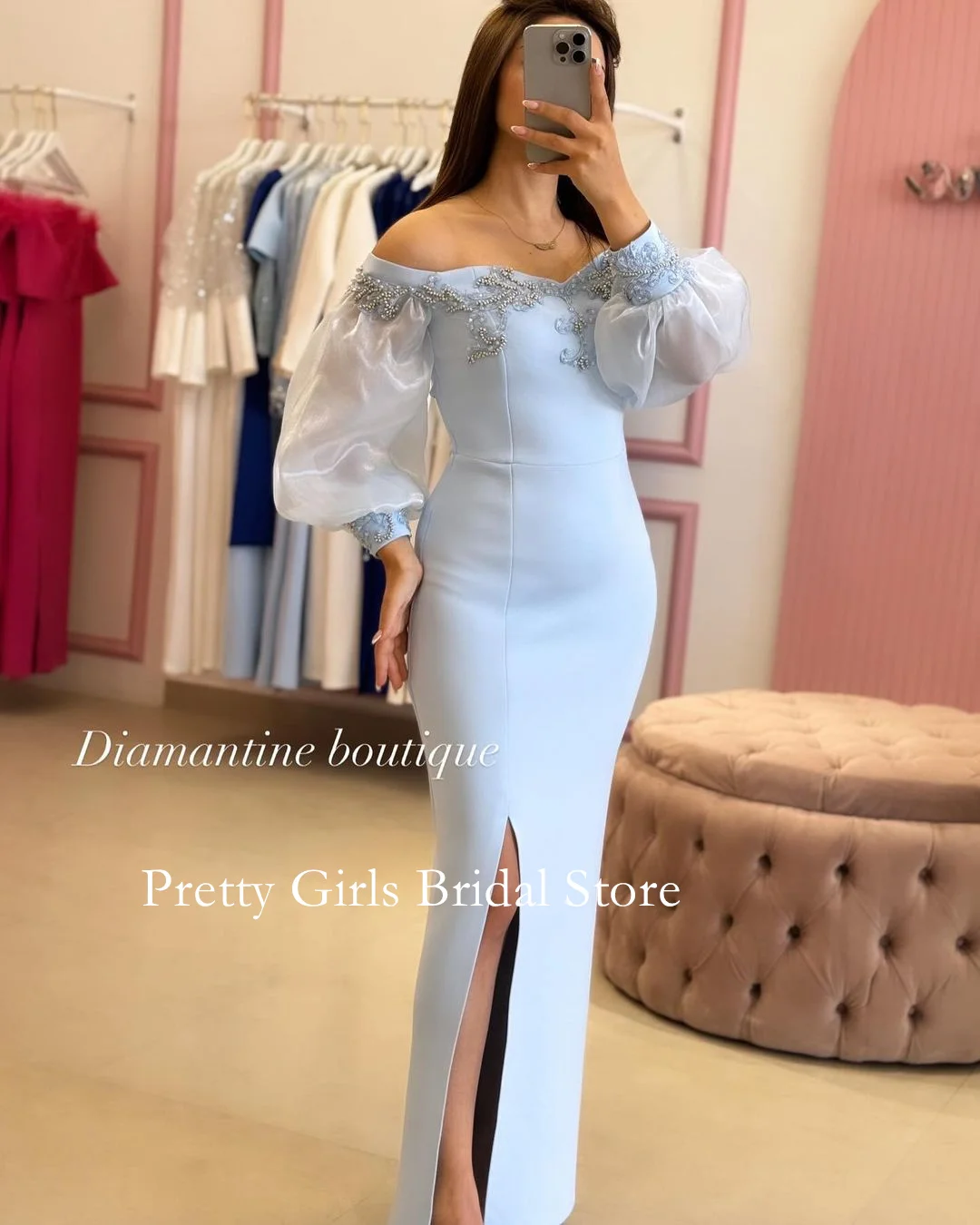 OEING Arabic Style Vintage Off Shoulder Crepe Satin Evening Dresses Puff Sleeves Sky Blue Formal Prom Growns Party Women Bride