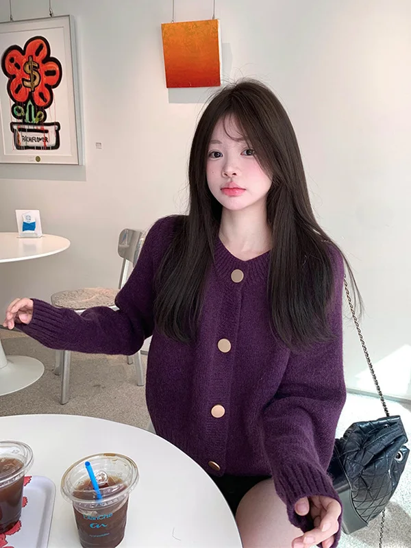 

Ladies' Soft Loose Knitted Bear Fur Sweatirt Outerwear Purple ape Color Autumn Winter Thiened Casual Sle round Ne B...