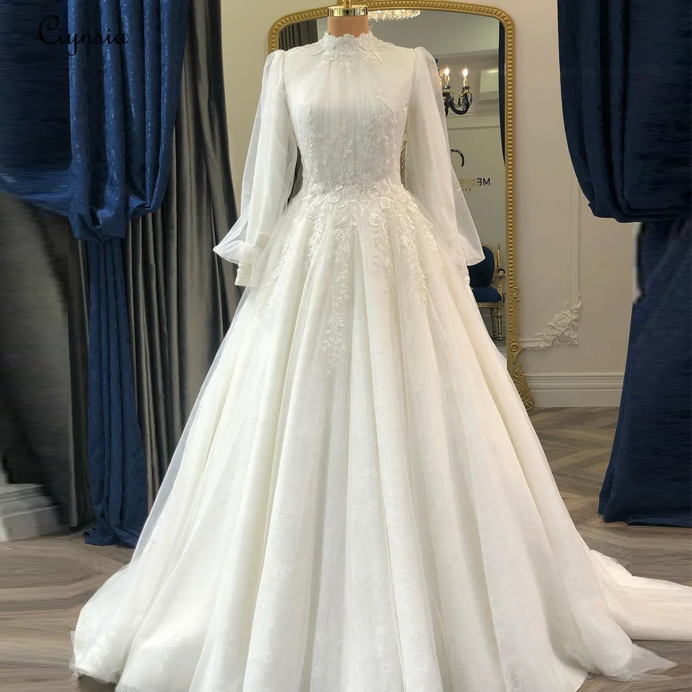 Ciynsia Princess Muslim Wedding Dress Full Sleeves Lace Appliques A-Line Bride Gown 2024 Court Train Plus Size Vestido de Noiva