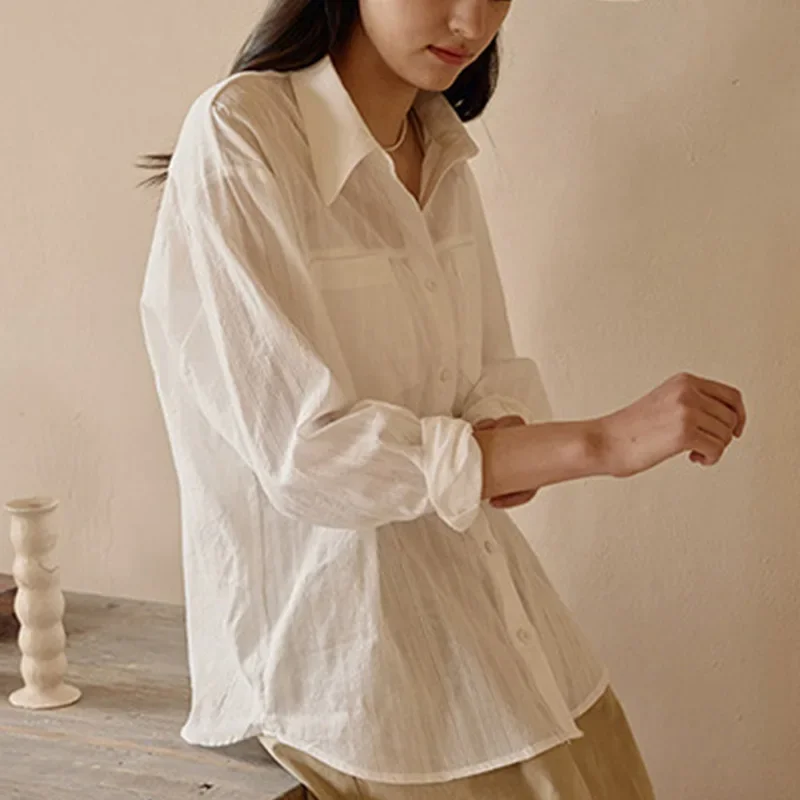 100% Cotton White Shirt Women Turn Down Long Sleeve Top Button Up Chic Elegant Blouse Women Camisas Feminina