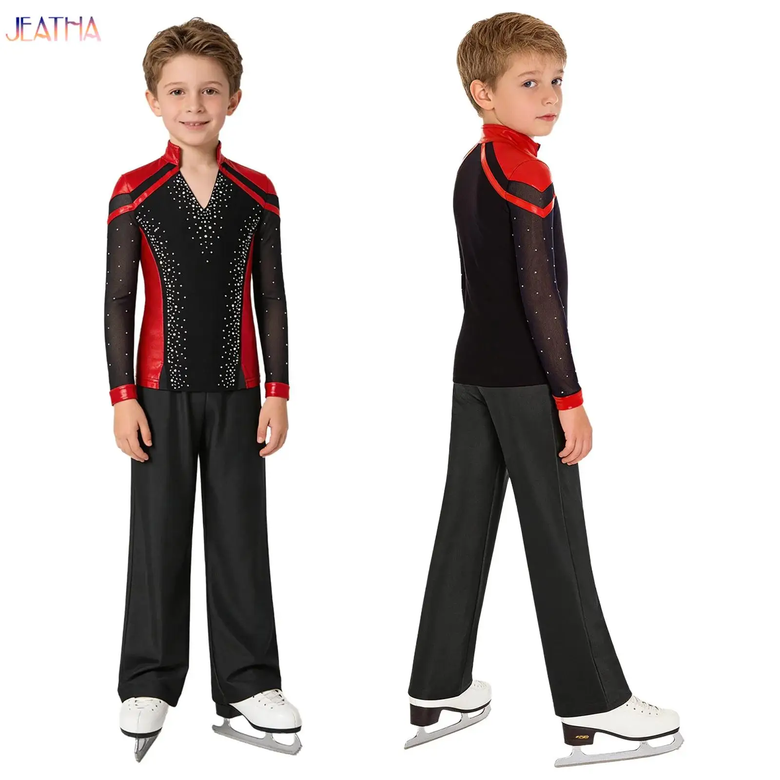 

Kids Boys Gymnastics Acrobatics Artistic Figure Skating Ballet Dance Costume Shiny Rhinestone Metallic Top+Straight-Leg Pants