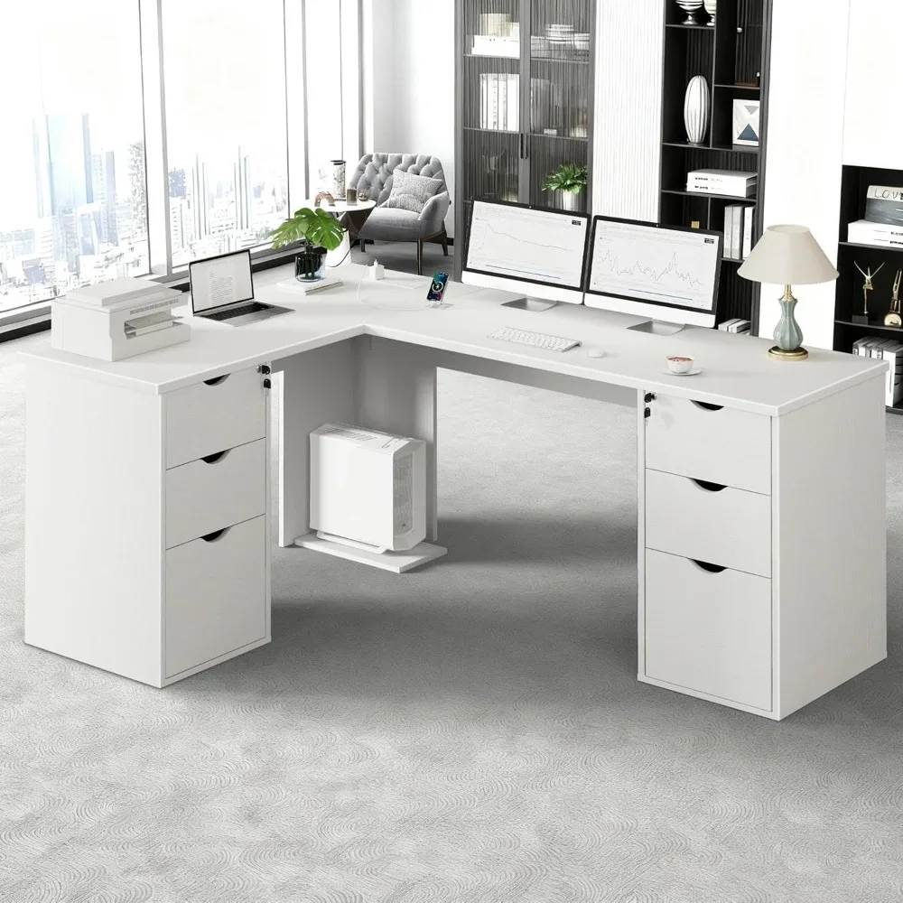 

L-shaped office desk with drawers -66 inch modern large executive L-shaped computer desk with filing cabinet and power outlet