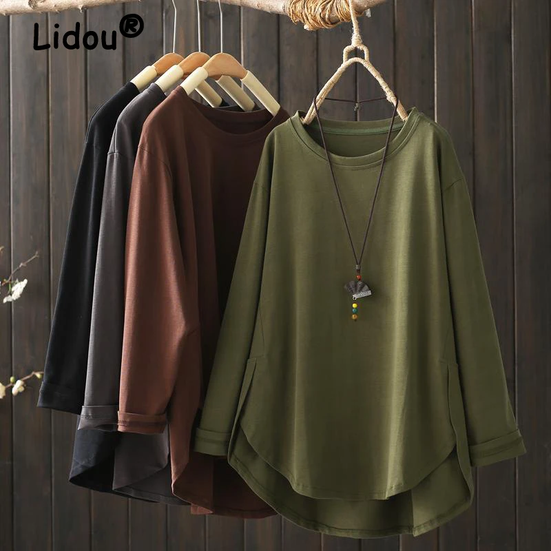 

Spring Autumn Women Simple Casual Oversized Irregular Basic T Shirt Female Solid O Neck Long Sleeve Pullover Tops Ropa De Mujer