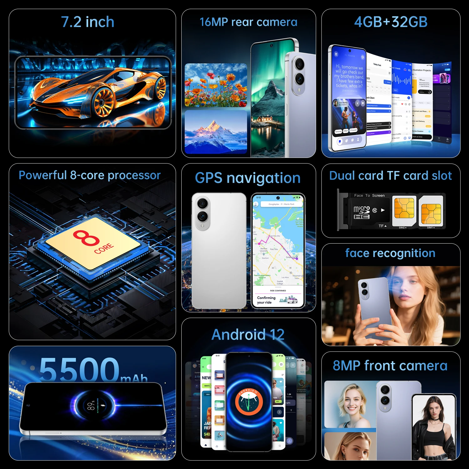 IVMI XS26 Ultra Smartphone 7.2Inch Android 12 4GB RAM 32G ROM Face ID 5500mAH Battery Google Play Store Mobile Phones