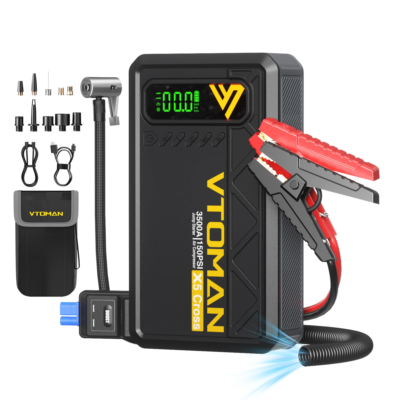VTOMAN X5 Cross 5-in-1 Auto-Starthilfe 3500A Tragbare Autobatterie-Starthilfegerät mit Eingebautem 150PSI Luftkompressor Powerbank LED-Notlicht für Benzin- und Dieselautos