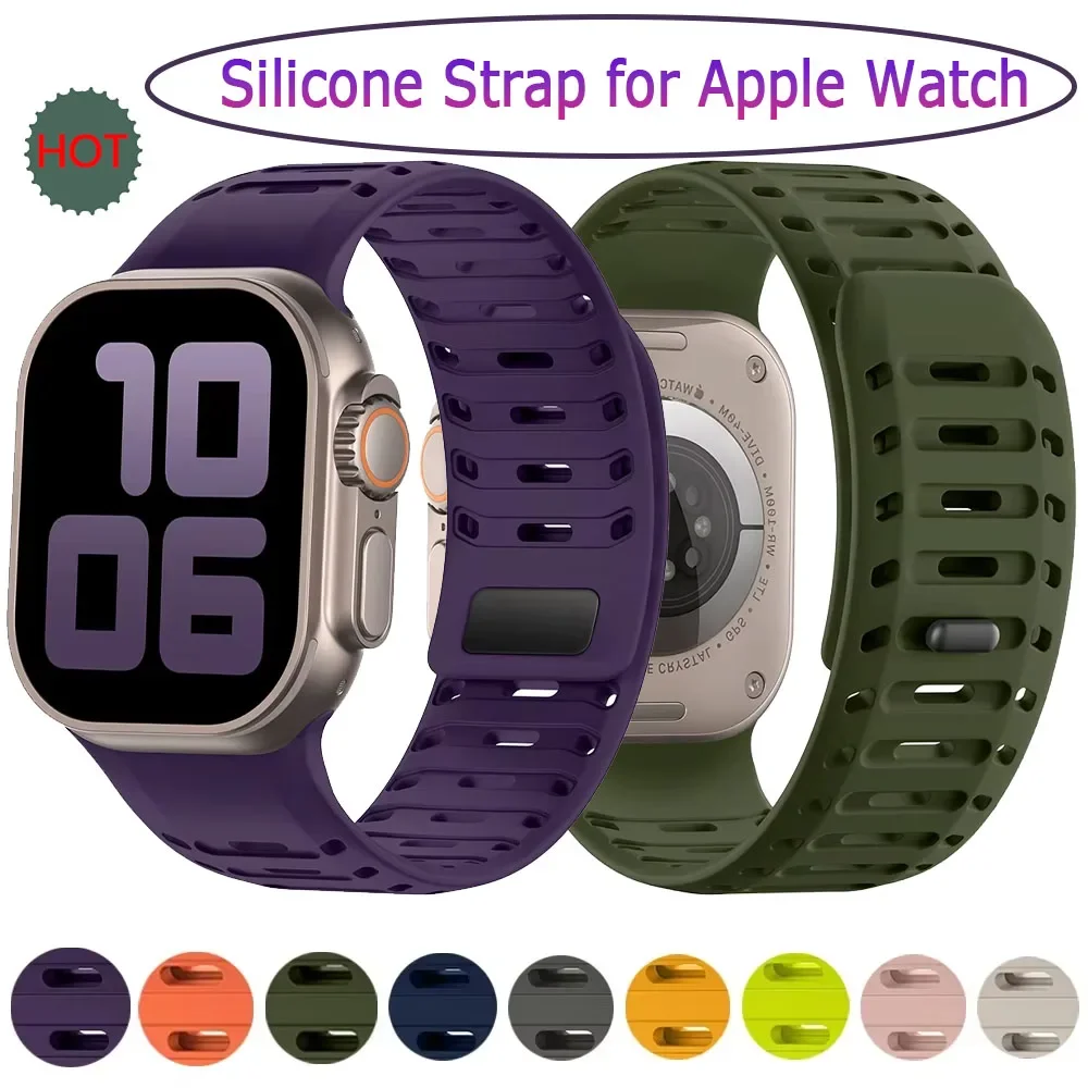 Silikon-Magnetarmband für Apple Watch Ultra 10, 9, 8, 7, 6, 5, 4, SE, atmungsaktives, wasserdichtes Armband, iWatch-Band 49/46/42/45/44/41 mm