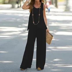 Women 2 Piece Outfits Boho Casual Solid Color Vest Sleeveless O Neck Top Loose Wide Leg Pants Trousers Female Two Piece Sets