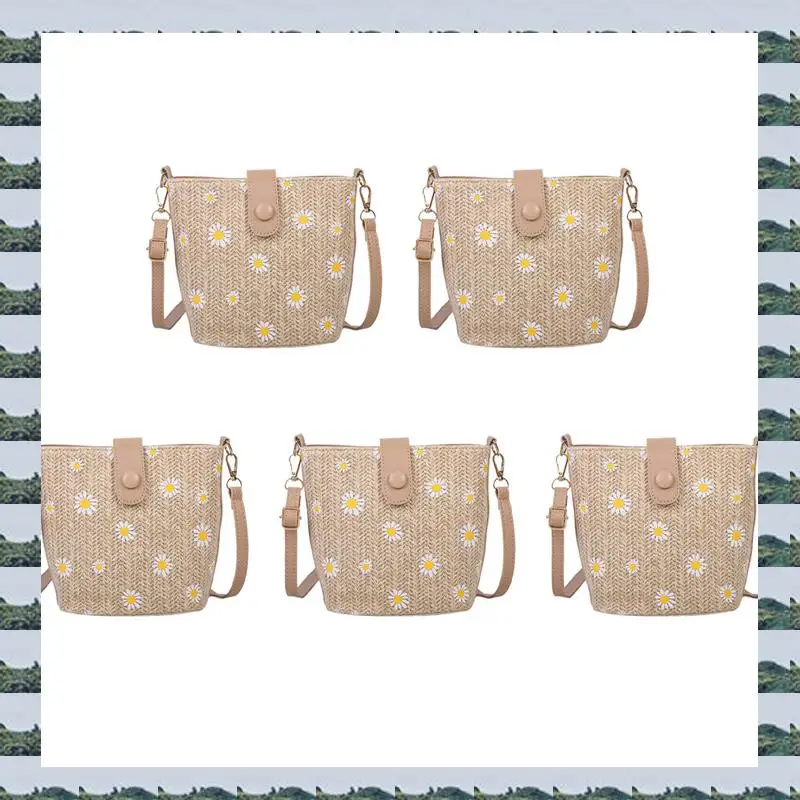 

ABQR 5X маленькая соломенная тканая женская сумка-мессенджер с ромашками, модная сумка-ведро с цепочкой, богемная сумка, школьная сумка цвета хаки