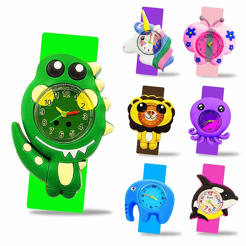 Simpatico cartone animato 3D Dinosauro Leone Elefante Farfalla Unicorno Orologio per bambini Slap Snap on Bracciale Orologio per studenti per bambini Giocattolo