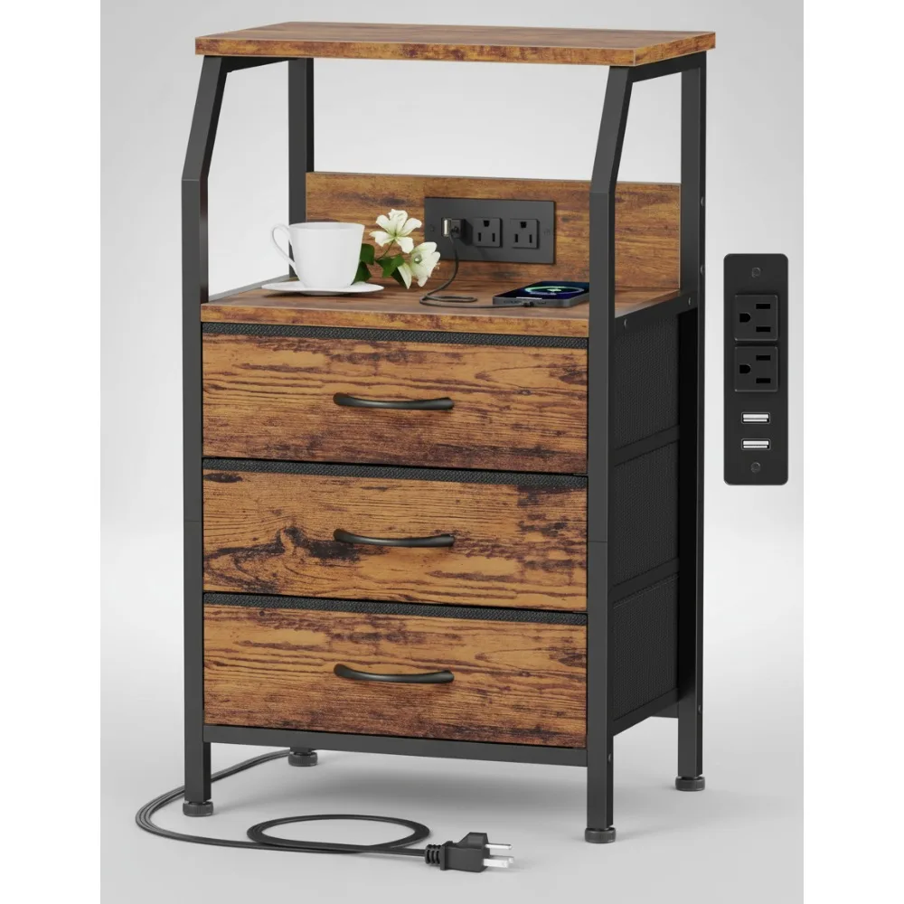 

Modern Nightstand with USB Charging Station, 3 Fabric Drawers, Wood Shelf for Bedroom Living Room Storage