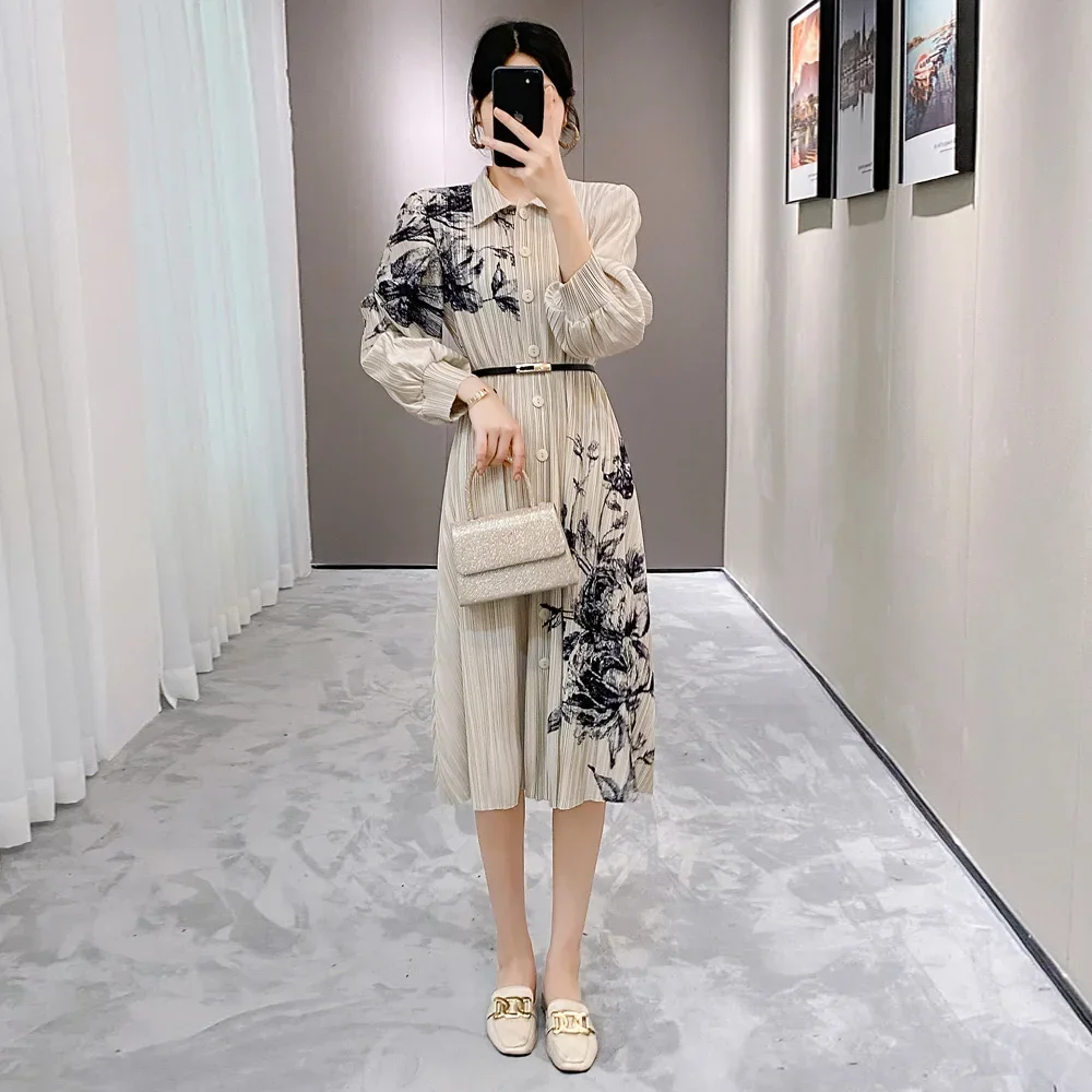 

Pleats Pleated Dress 2024 New Fall Commuter Women Senior Sense Loose Long Dress Suit Collar Print Waist Thin Temperament Dress