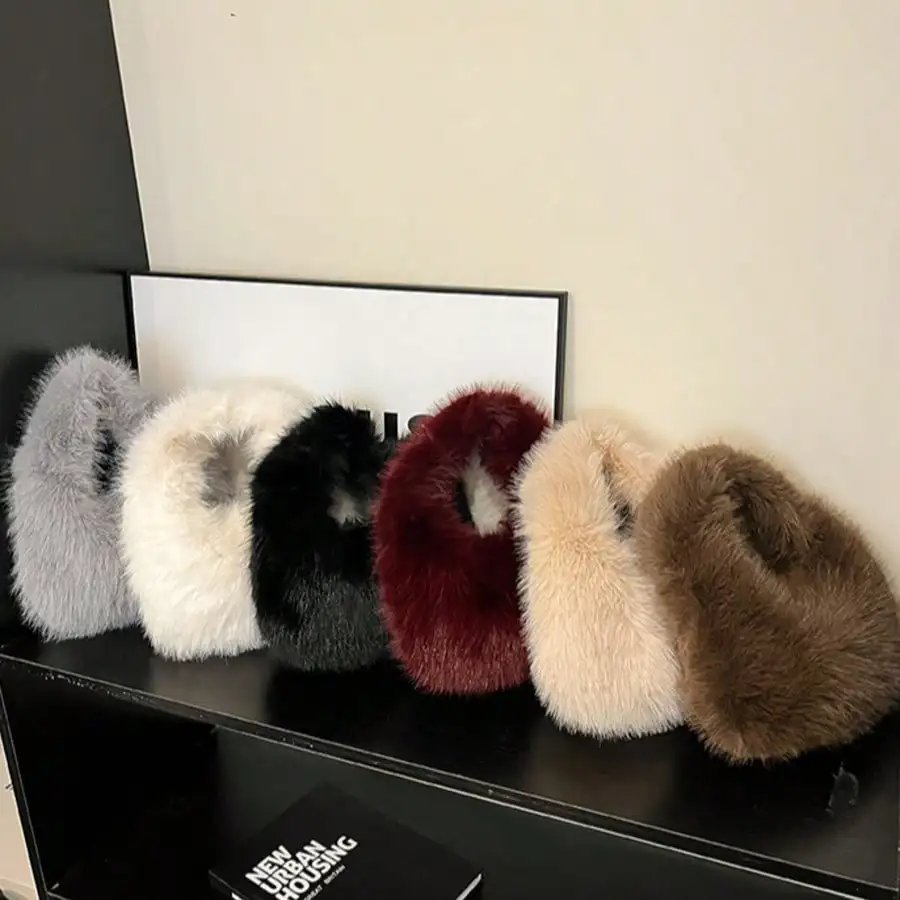 

Fluffy Solid Color Plush Handbag - Crescent & Cloud Shape, Women's Casual Tote
