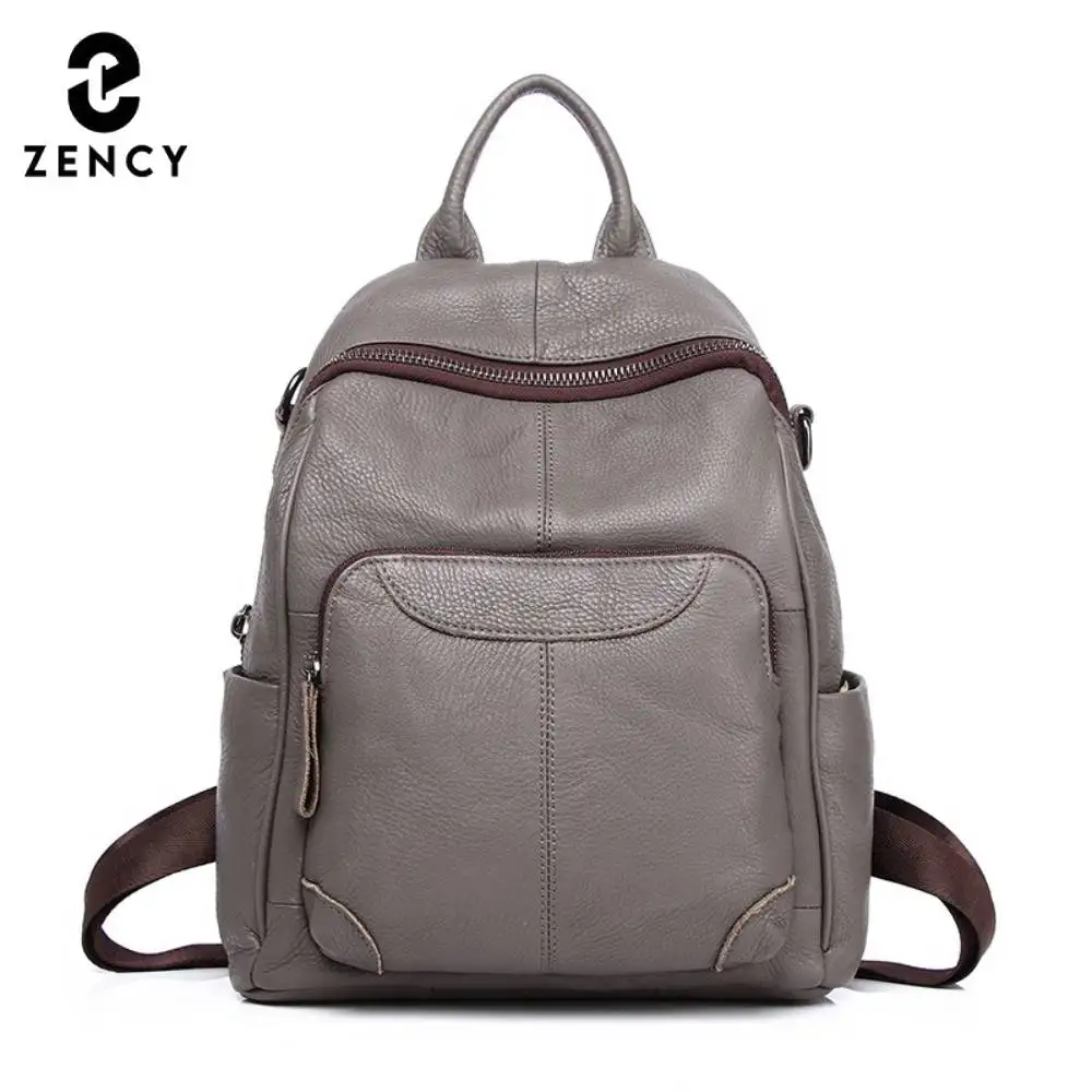 Zency Large Grey Backpack For Women Natural leather Knapsack with Back Pockets Ladies Shoulder Bag for Daily Casual Outfits