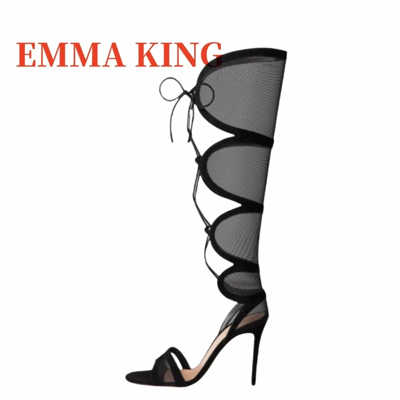 تصميم جوفاء اللمحة تو الصنادل الأحذية انقطاع شبكة أحذية عالية في الركبة السيدات رقيقة عالية الكعب نادي الحفلات الدانتيل يصل أحذية حريمي 44