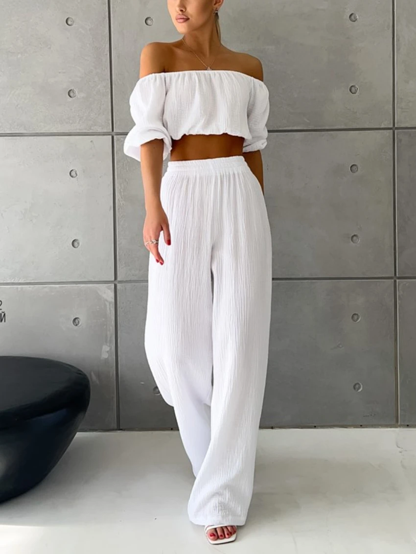 

Women Cotton Pleated Off Shoulder Top Long Pants Two Piece Set Summer Solid Casual Short Puff Sleeve Shirt and Straight Pants