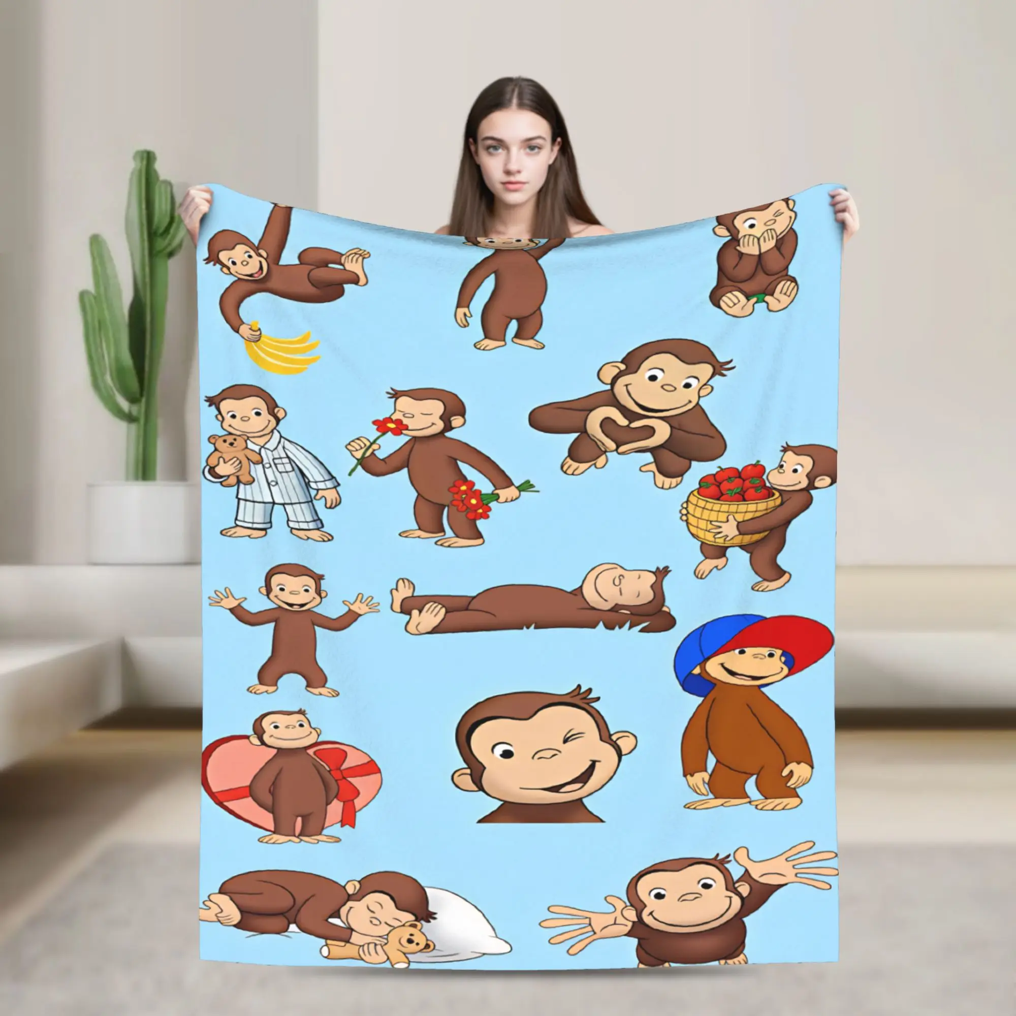 Curious George Cute Poses Warm Comfy Blankets  Funny Travel Office Throw Blanket Couch Chair Flannel Bedspread Sofa Bed Cover