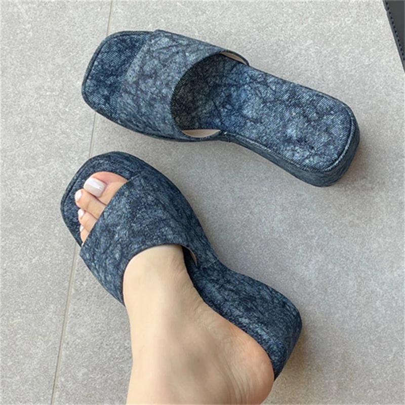 

Eilyken Summer Fashion Design Denim Open Toe Platform Wedges Heels Women Slippers Thick Bottom Ladies Shoes