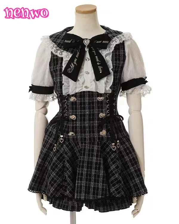Robe et Short de Style gothique japonais avec nœud en strass pour femmes, ensemble chemise à carreaux en dentelle bouffante à manches courtes, tenues Lolita Y2k
