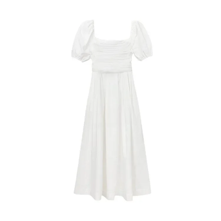 الأناقة الفرنسية الياقة البيضاء فستان قصير التخسيس تنورة طويلة الصيف المرأة الجديدة موضة قصيرة الأكمام طول الركبة الخصر الإمبراطورية